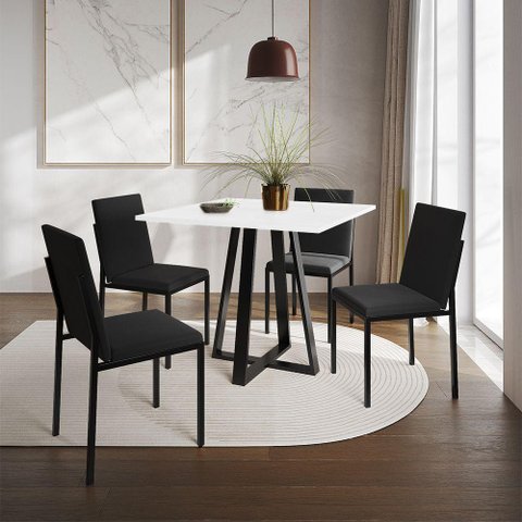 Conjunto de Jantar Mesa Mônaco 90cm Tampo Branco com 4 Cadeiras Estofadas Pretas - Cor: Preto