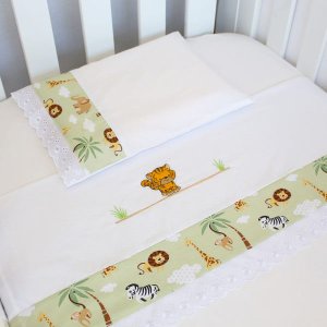 Jogo 03 Peças Lençol + Fronha Bordado para Berço Americano Nanna Baby - Floresta