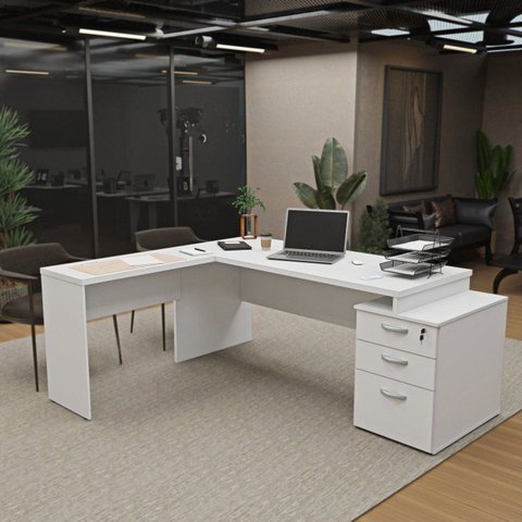 Escrivaninha Mesa Escritório em L Diretor 3 Gavetas 190cm Branco