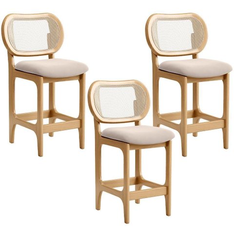 Kit 3 Banquetas Baixa Bar Cozinha Sala de Jantar Betta L02 Mel Tela Suede Bege - Lyam Decor