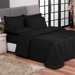 Jogo de Cama Casal 6 Peças com Edredom e Lençol Preto Casa Dona