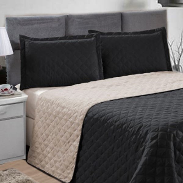 Kit Colcha Stillo Cobre Leito Queen Dupla Face 3 Peças Preto e Bege Casa Dona