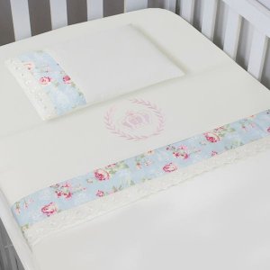 Jogo 03 Peças Lençol + Fronha Bordado para Berço Americano Nanna Baby - Ursa Realeza Floral