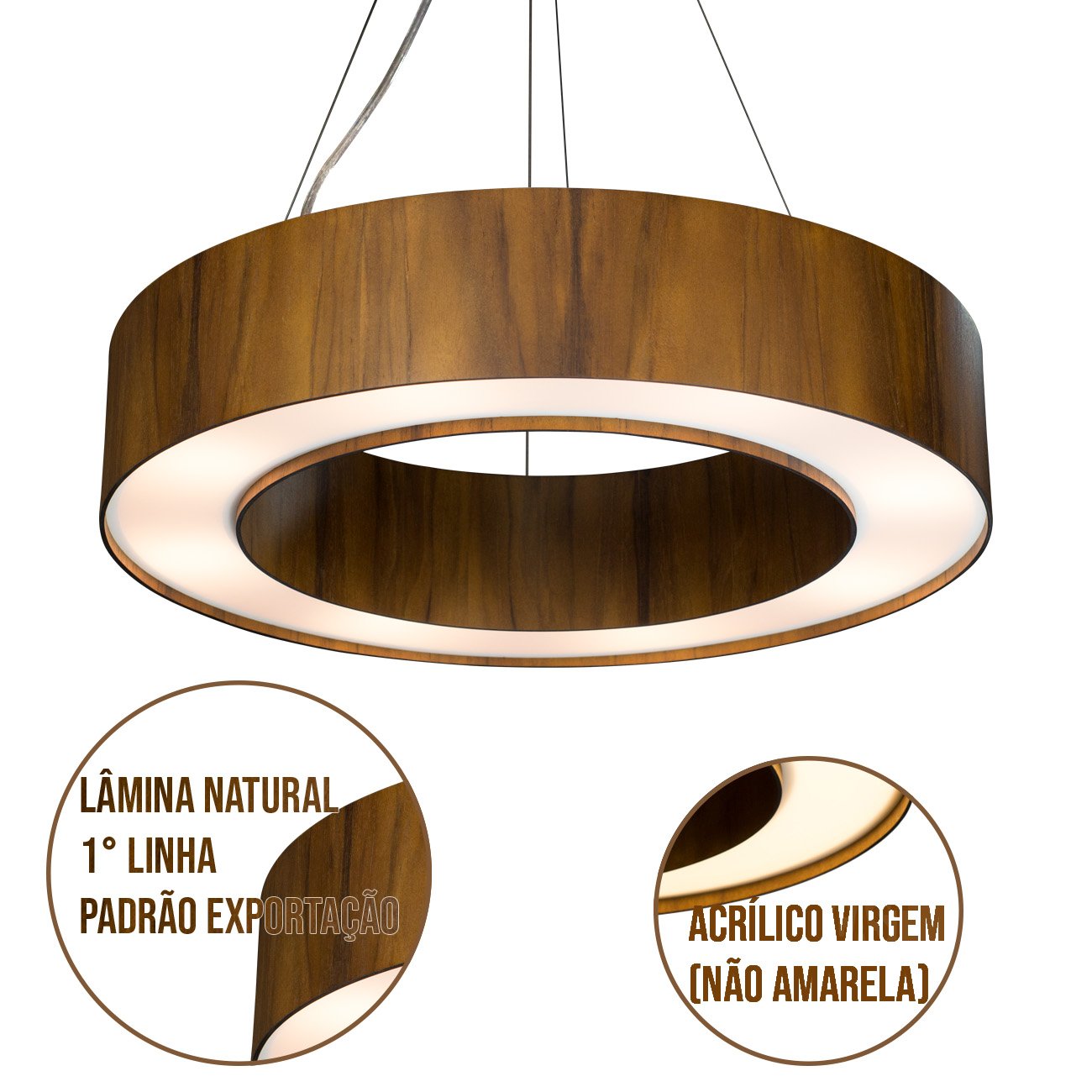 Lustre Pendente Anel Madeira Teca Escura e Acrílico - 60cm - 2