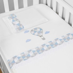 Jogo 03 Peças Lençol + Fronha Bordado para Berço Americano Nanna Baby - Balão Azul