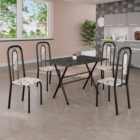 Conjunto de Mesa Tubular 100cm x 60cm Tampo em Ardósia com 4 Cadeiras Lívia Preto/Off White