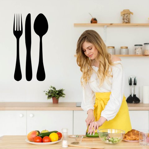 Adesivo de Parede Cozinha Talheres Garfo Faca e Colher Grande Decoração
