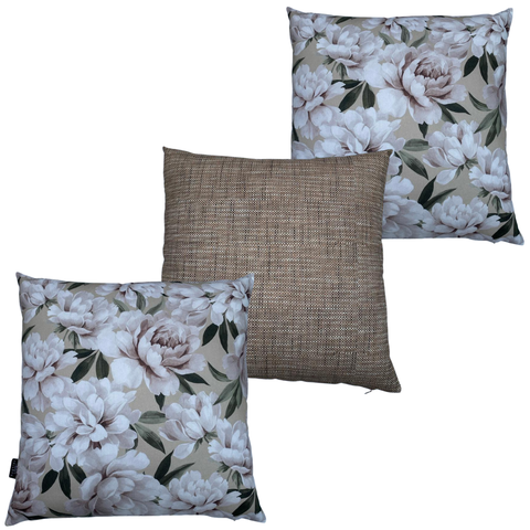 Kit 3 Capas de Almofada Impermeável Estampa Digital 100% Algodão Flor Branca Marrom Riscado 43CMX43C