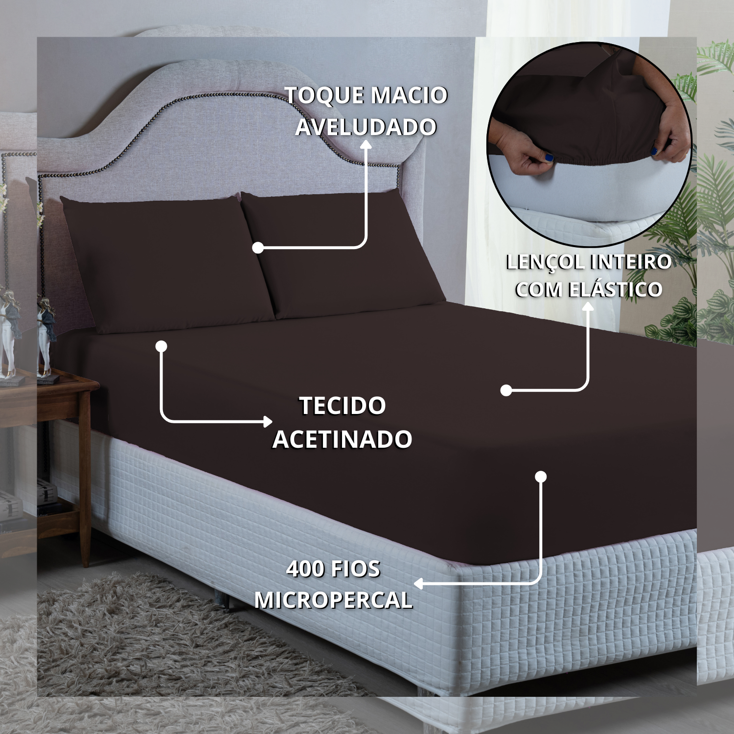 Roupa de Cama Casal 400 Fios 3 Peças Hotel Pousada Macio Acetinado:marrom - 4