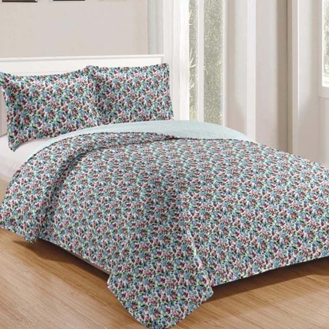 Kit Cobre Leito Colcha Daily King 3 Peças Dupla Face Estampado - Floral 21 - 100% Poliéster