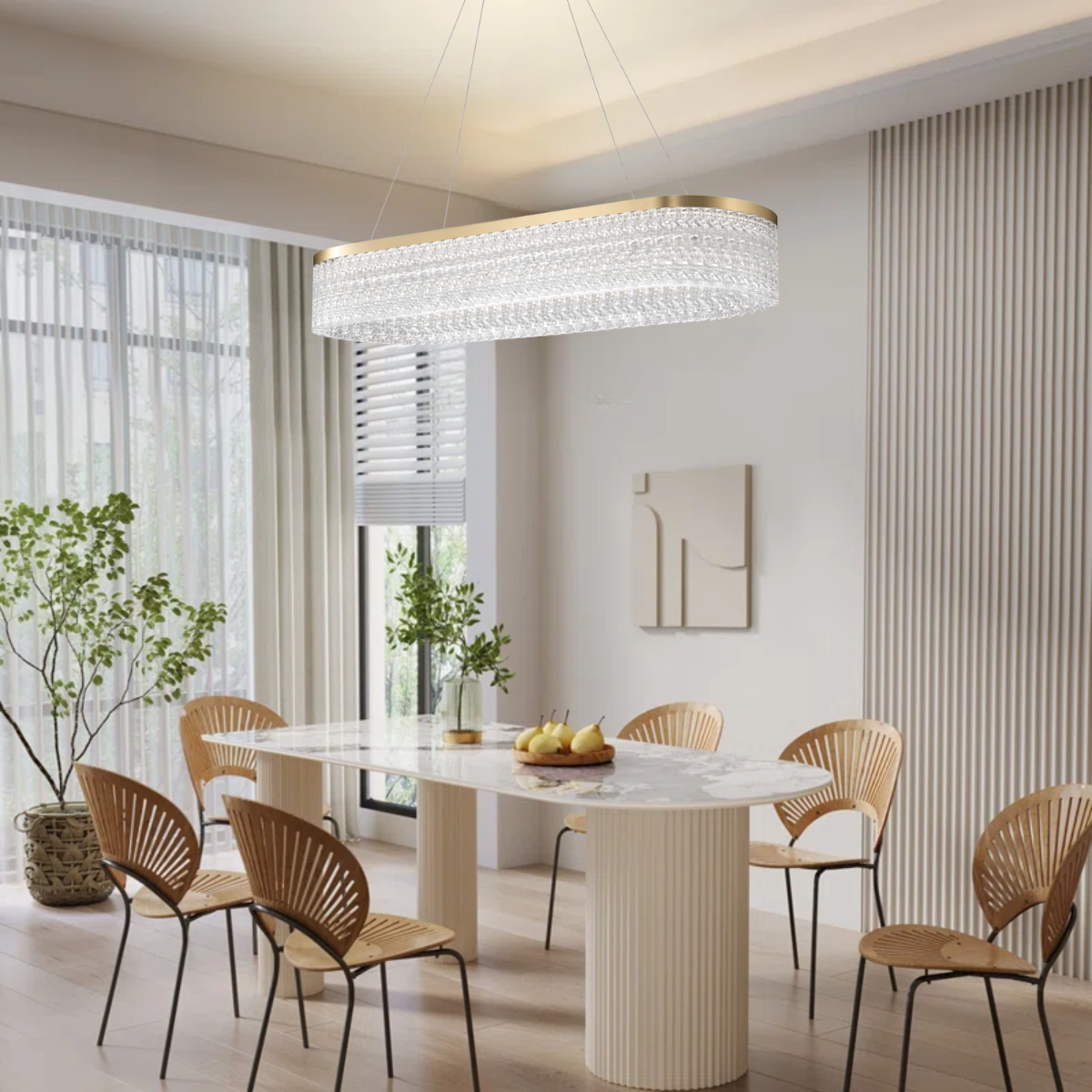 Ver imagem 4 de Lustre Pendente 80x30cm Led 62 Cristais 3 Cores Oval Luminária Teto Gimpo Kjdd-l-449-80cm