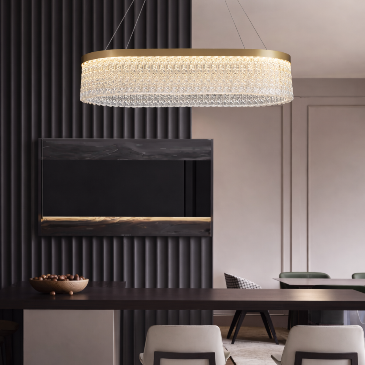 Ver imagem 5 de Lustre Pendente 80x30cm Led 62 Cristais 3 Cores Oval Luminária Teto Gimpo Kjdd-l-449-80cm