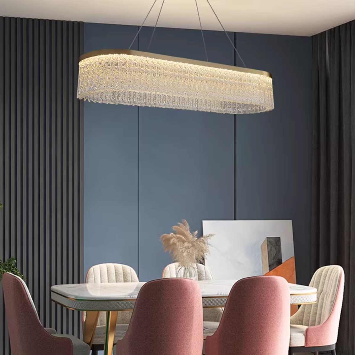 Ver imagem 6 de Lustre Pendente 80x30cm Led 62 Cristais 3 Cores Oval Luminária Teto Gimpo Kjdd-l-449-80cm