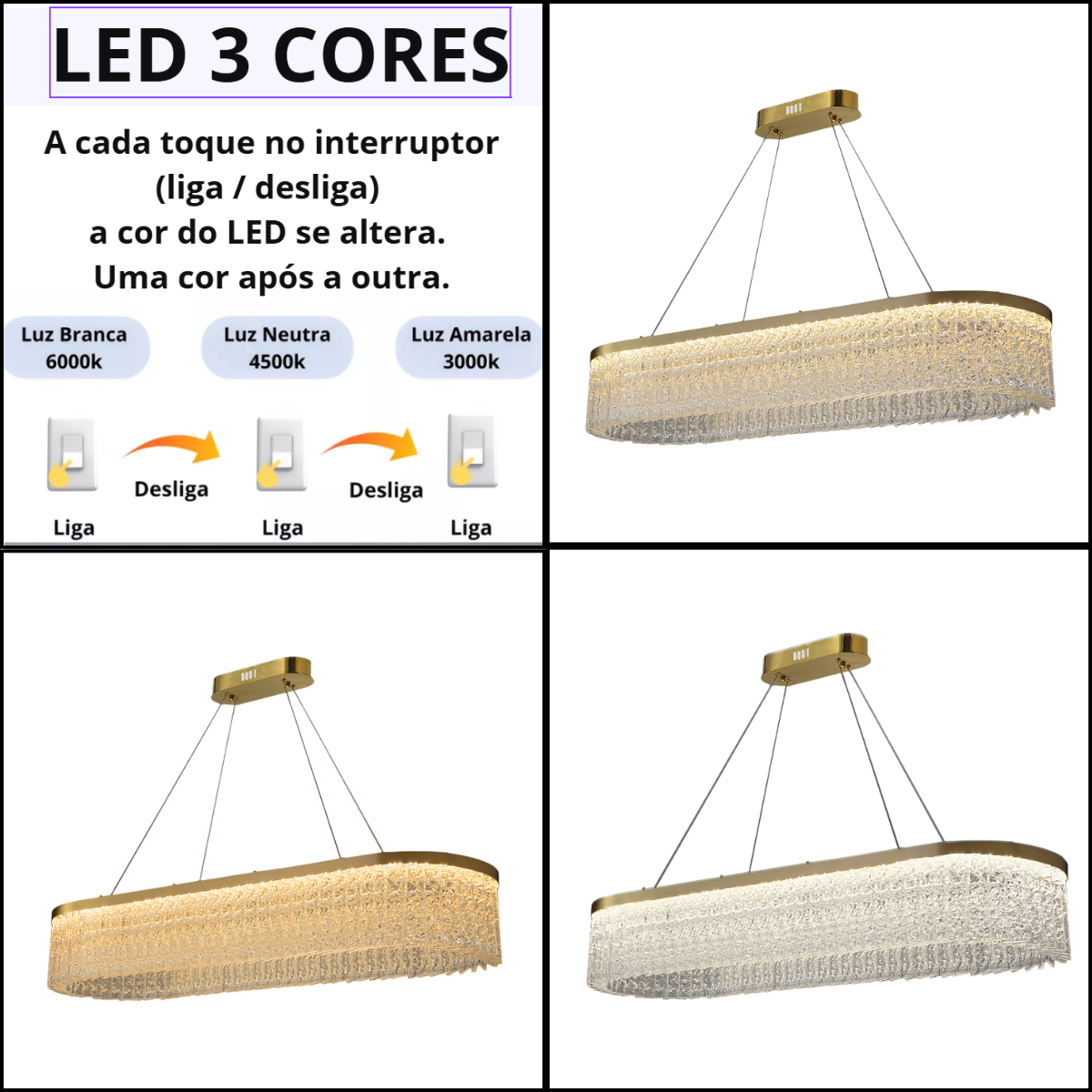 Ver imagem 3 de Lustre Pendente 80x30cm Led 62 Cristais 3 Cores Oval Luminária Teto Gimpo Kjdd-l-449-80cm
