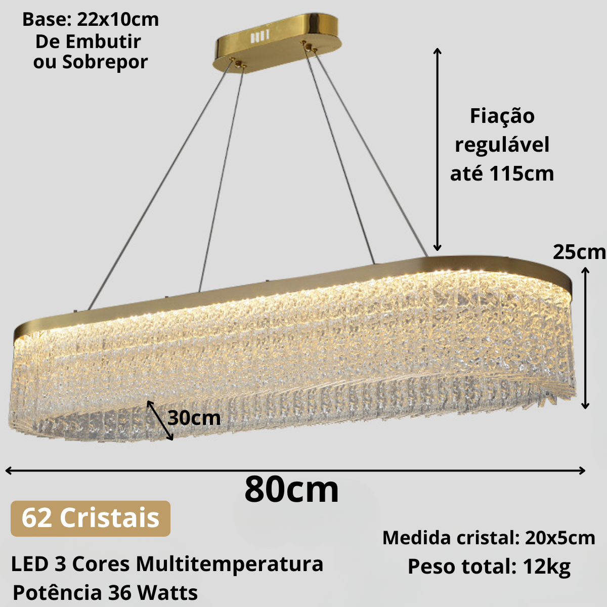 Ver imagem 7 de Lustre Pendente 80x30cm Led 62 Cristais 3 Cores Oval Luminária Teto Gimpo Kjdd-l-449-80cm