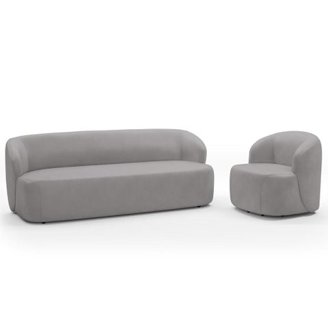 Sofá 3 Lugares 205cm com Poltrona Giratória Orgânica Heidy F04 Veludo Cinza - Lyam Decor
