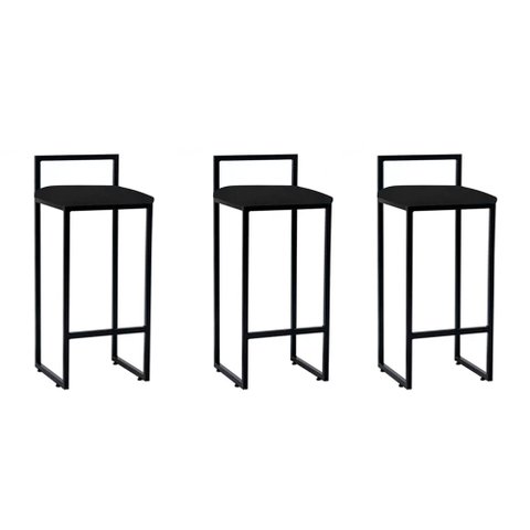Kit 3 Banquetas Alta Bar Cozinha Balcão Industriais em Aço Dori Preto Assento Suede Preto