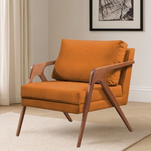 Poltrona Decorativa Mona Linho Premium e Pés Madeira Maciça:terracota