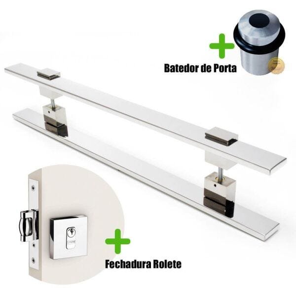 Puxador Porta (LUMA) Aço Inox Polido + fechadura rolete inox polido +Batedor de porta polido - 60 CM