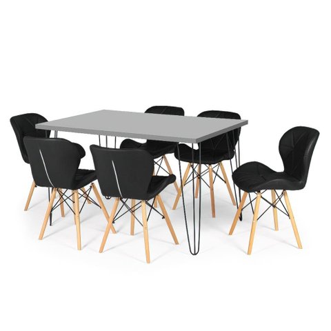 Conjunto Mesa de Jantar Hairpin 130x80 Volpi com 6 Cadeiras Eiffel Slim - Preto