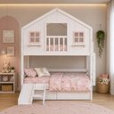 Ver imagem 1 de Beliche Casinha Dos Sonhos com Varanda 02 Gavetas e Kit Escorregador Madeira Maciça Branco | Rosa