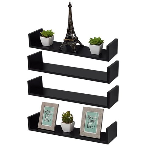 Kit 3 Prateleiras Nichos em U 70x20 MDF Preto com Suporte Flutuante Invisível