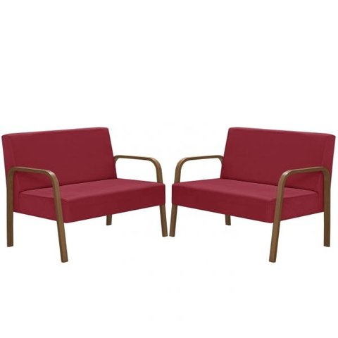 Kit Poltrona Decorativa 2 Namoradeiras Jade Braço Madeira D Salla Suede Vermelho