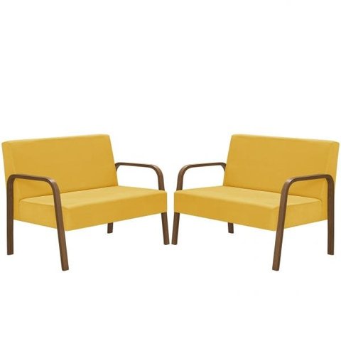 Kit Poltrona Decorativa 2 Namoradeiras Jade Braço Madeira D Salla Suede Amarelo