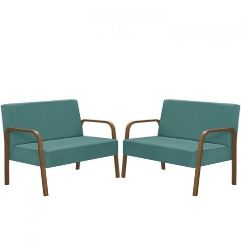 Kit Poltrona Decorativa 2 Namoradeiras Jade Braço Madeira D Salla Suede Turquesa