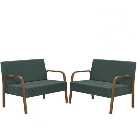 Kit Poltrona Decorativa 2 Namoradeiras Jade Braço Madeira D Salla Suede Verde