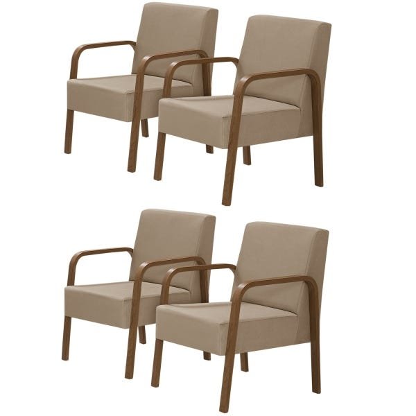 Kit 4 Poltronas Decorativas 1 Lugar Jade Braço Madeira D Salla Suede Cappuccino - 1
