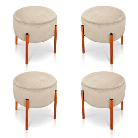 Kit 4 Puffs Iron Suede Base Metálica Cobre - Bege