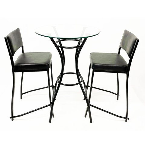 Jogo de Mesa Luna Bistrô Cor Preta Altura 92cm Vidro 60cm e 2 Banquetas Empilhável Altura 65cm Assen