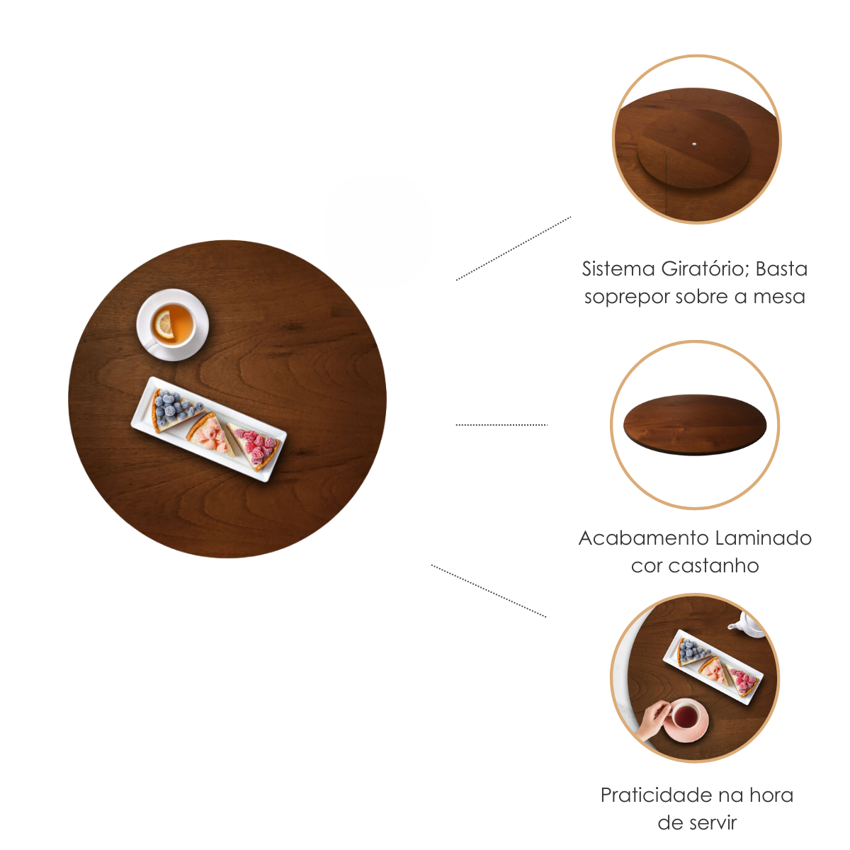 Prato Giratório Sobrepor Servir Mesa de Jantar Castanho 70 Cm - 8