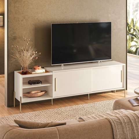 Rack para TV até 60 Polegadas Bandeja Integrada 2 Portas Pés em Dourado 189,5cm Maré Branco