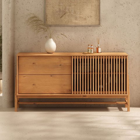 Balcão Ripado Buffet Madeira Compacto 145 Cm Porta Deslizante Freijó Adamo Idimex