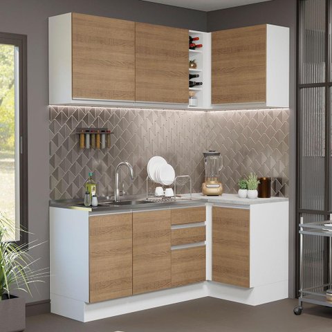 Armário de Cozinha Compacta de Canto 269cm Branco/Rustic Glamy Madesa 01