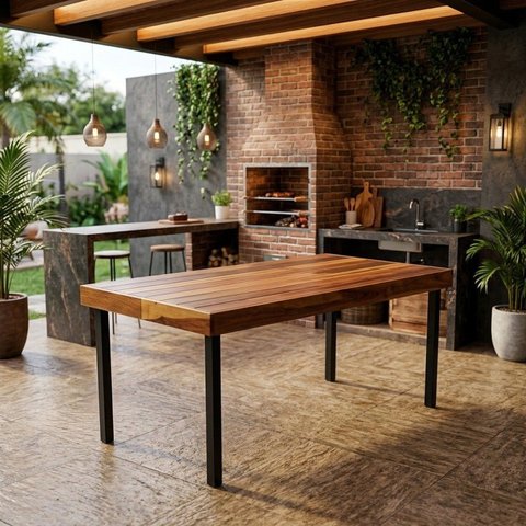 Mesa de Alumínio 150cm com Tampo Ripado de Madeira