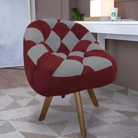 Poltrona Paloma Escritório Sala Giratória Madeira Suede Vinho e Suede Cinza - Dominic Decor