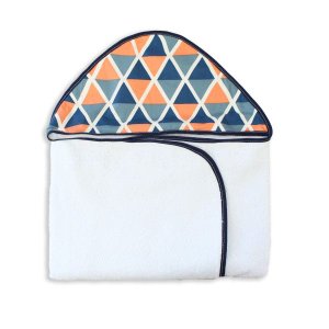 Toalha Estampada com Capuz para Bebê 100 Algodão - Losango Marinho com Laranja