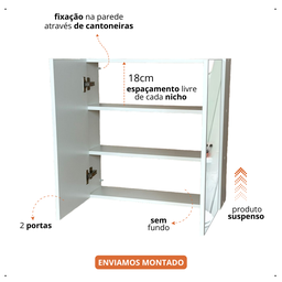 Armário de Banheiro Aéreo Compacto com Espelho 2 Porta 50x60x15cm - 3