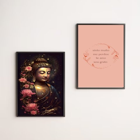 Kit 2 Quadros Meditação Hooponopono Buda 24x18cm:moldura Branca
