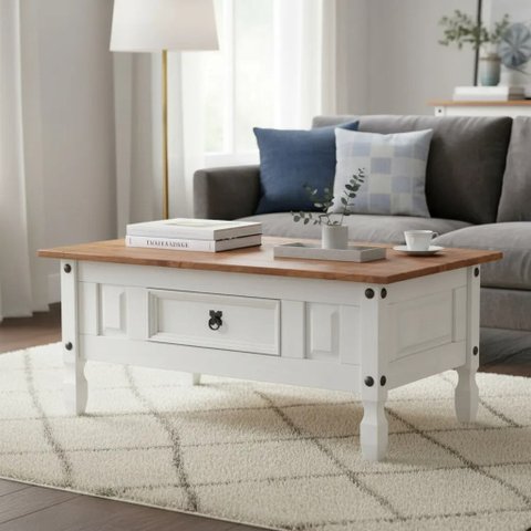 Mesa de Centro Madeira Maciça 1 Gaveta Branco