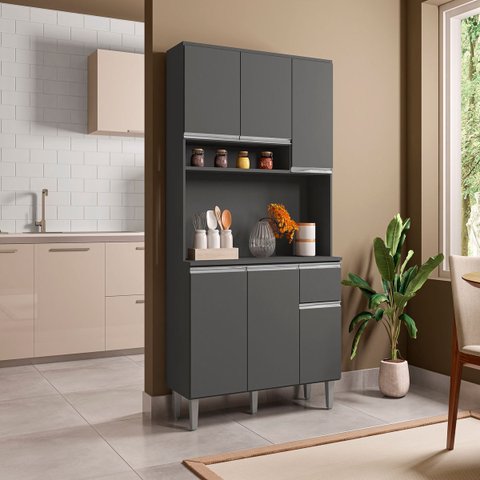 Armário de Cozinha Compacta 105cm 6 Portas 1 Gaveta Modulada Márcia MDP Cinza Fosco Completa
