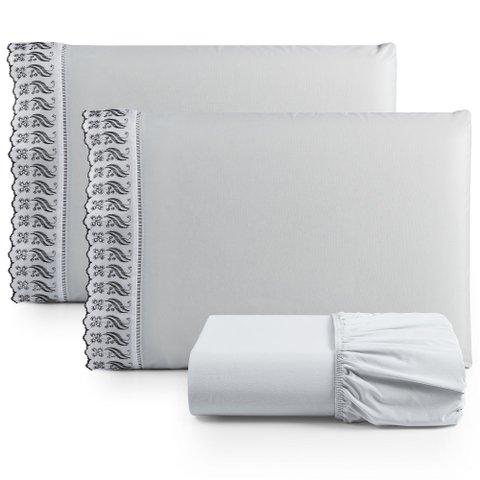 Jogo de Lençol Cama Casal Padrão 3 Peças 100% Algodão Percal 180 fios Com Leze:Cinza