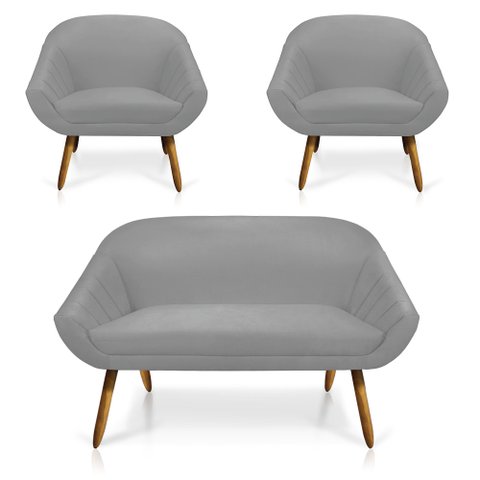 Kit 01 Namoradeira 02 Lugares e 02 Poltronas Giovana Suede Cinza Pés Palito Castanho - D’Rossi