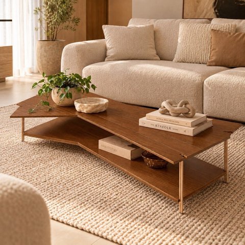 Mesa de Centro Caribe 170cm em Madeira Laminada Imbuia Mel com Metal Champanhe