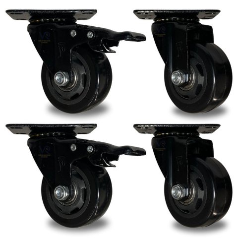 Kit 4 Rodinha Giratória Pu Refoçada 3 Polegadas Black com e sem Trava com Rolamento Anti Risco 400kg