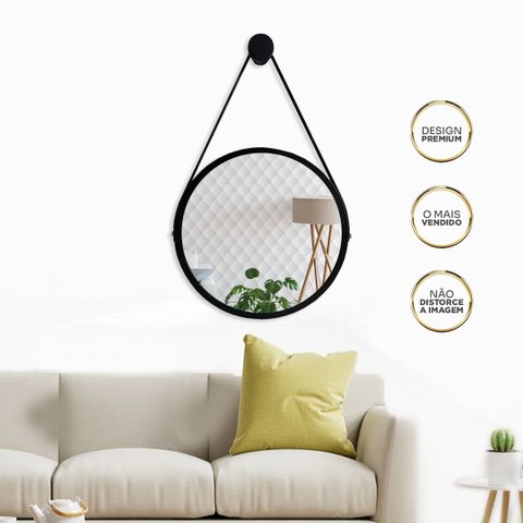 Espelho Redondo Decorativo Suspenso com Alça 20cm Suporte Marrom Alça Caramelo