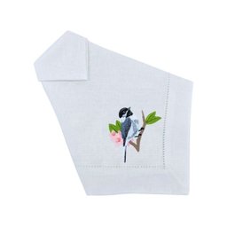 Guardanapo Linho Branco Ponto Ajour Bordado Passarinho Cinza 50x50 cm - 1